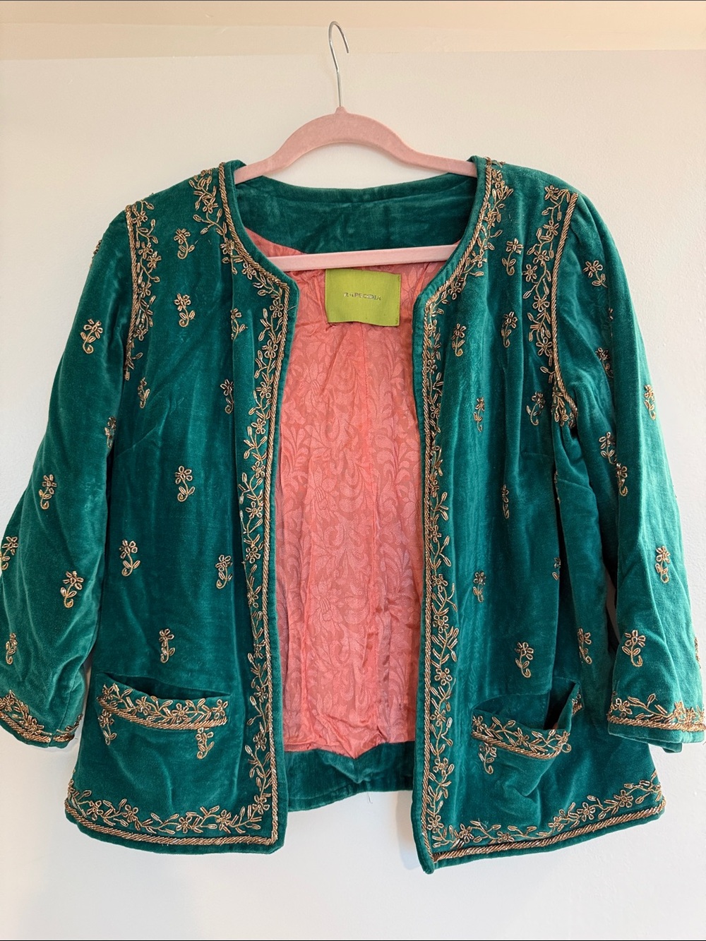 Embroidered Velvet Blazer in Teal with Pink Lining